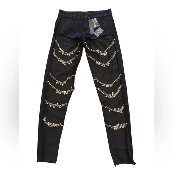 Beulah Chain Linked Pearl Embellished  Black Straight Leg Jeans Size Medium - Picture 6 of 14